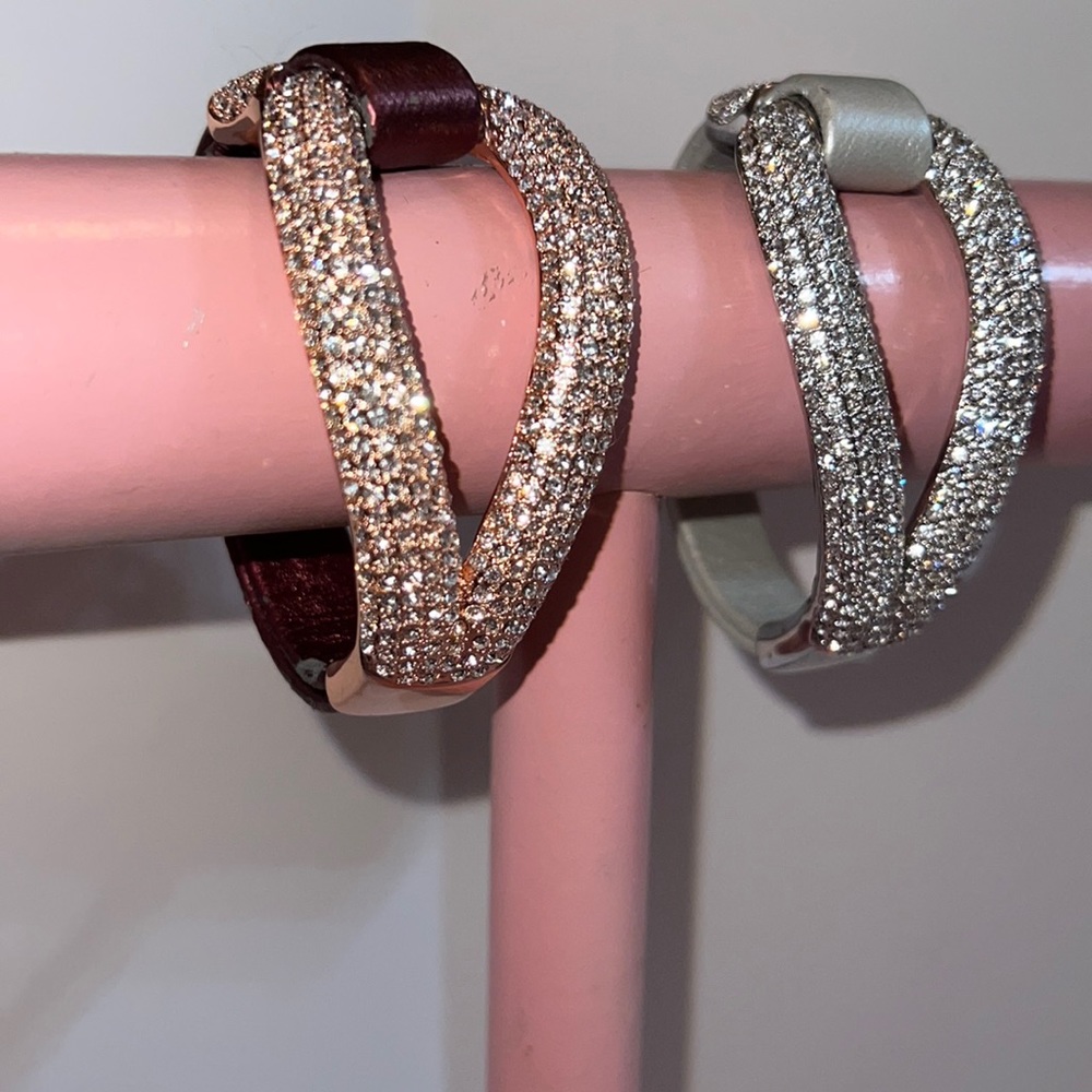 Contemporary Pavé Signed JB Magnetic Clasp Rhinestone Bracelet Set Rose / Silver